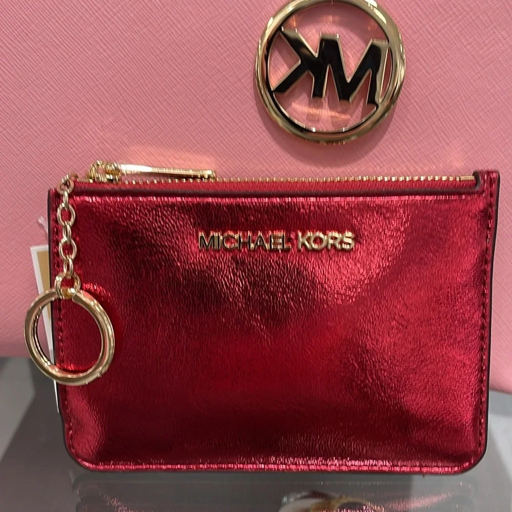 MICHAEL KORS Jet Set Travel Small Top Zip Coin Pouch With ID Keychain Crimson